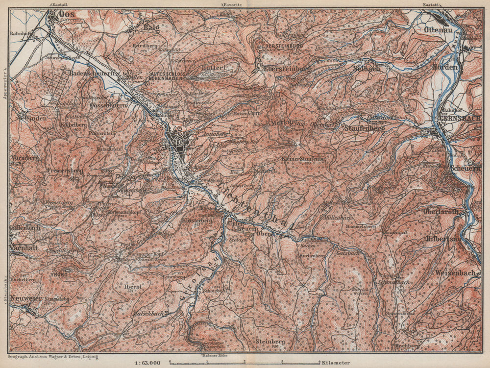 BADEN-BADEN environs umgebung. Lichtental Oos Schwarzwald Black Forest 1889 map