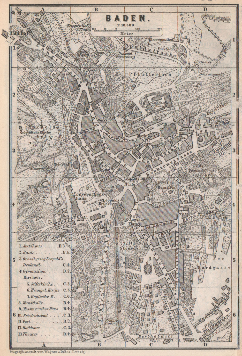 BADEN-BADEN town city stadtplan & environs/umgebung. Germany karte 1889 map