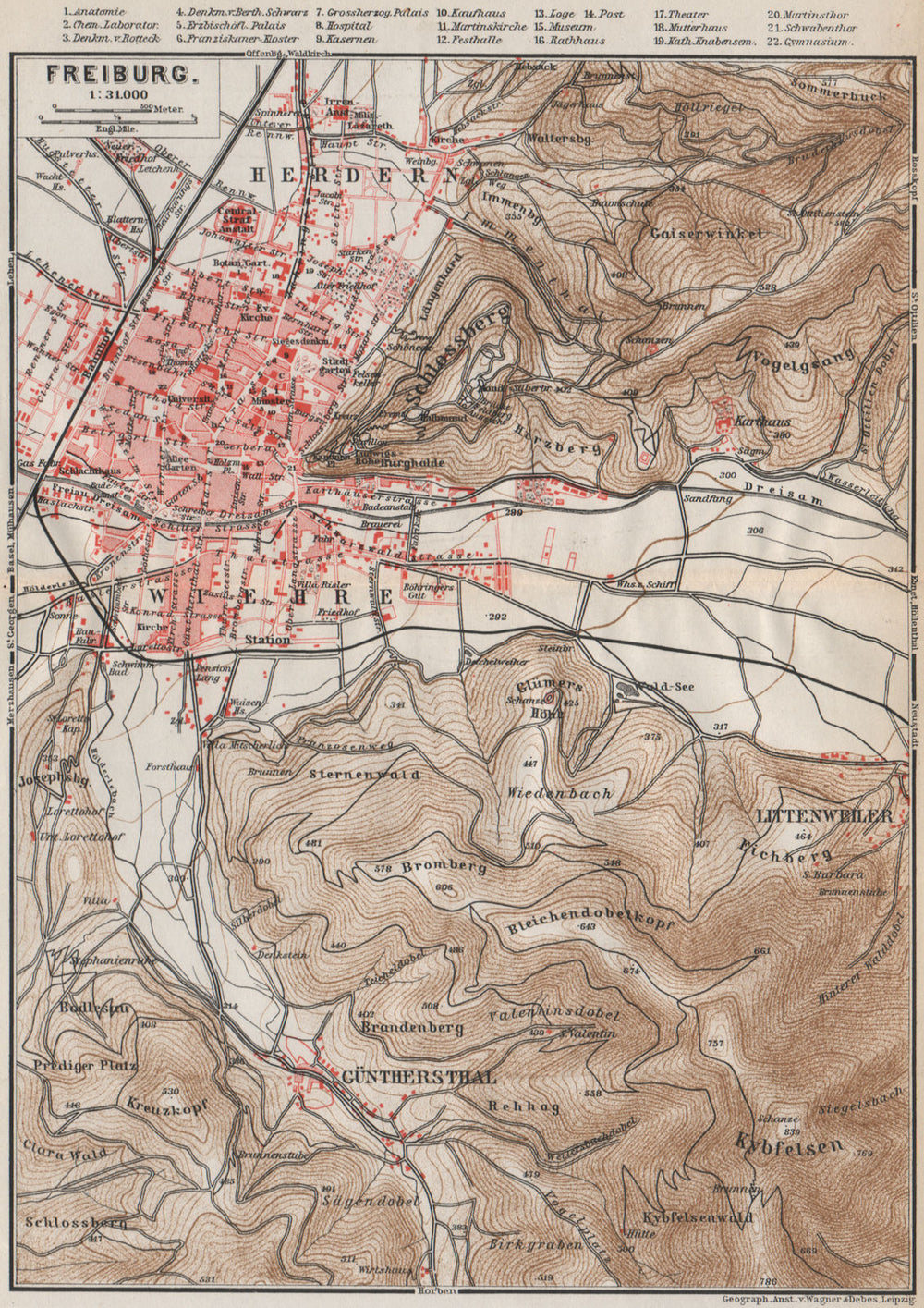 FREIBURG town city stadtplan & umgebung. Gunterstal. Baden-Württemberg 1889 map