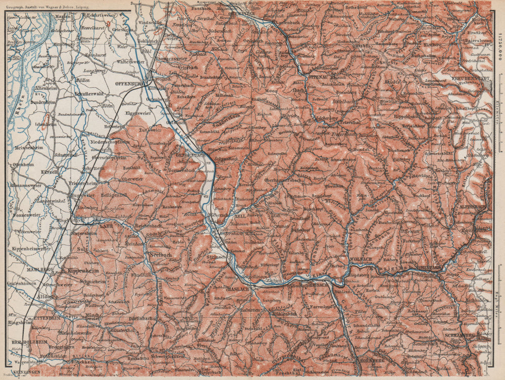 MITTEL SCHWARZWALD. CENTRAL BLACK FOREST. Offenburg Wolfach Schramberg 1889 map