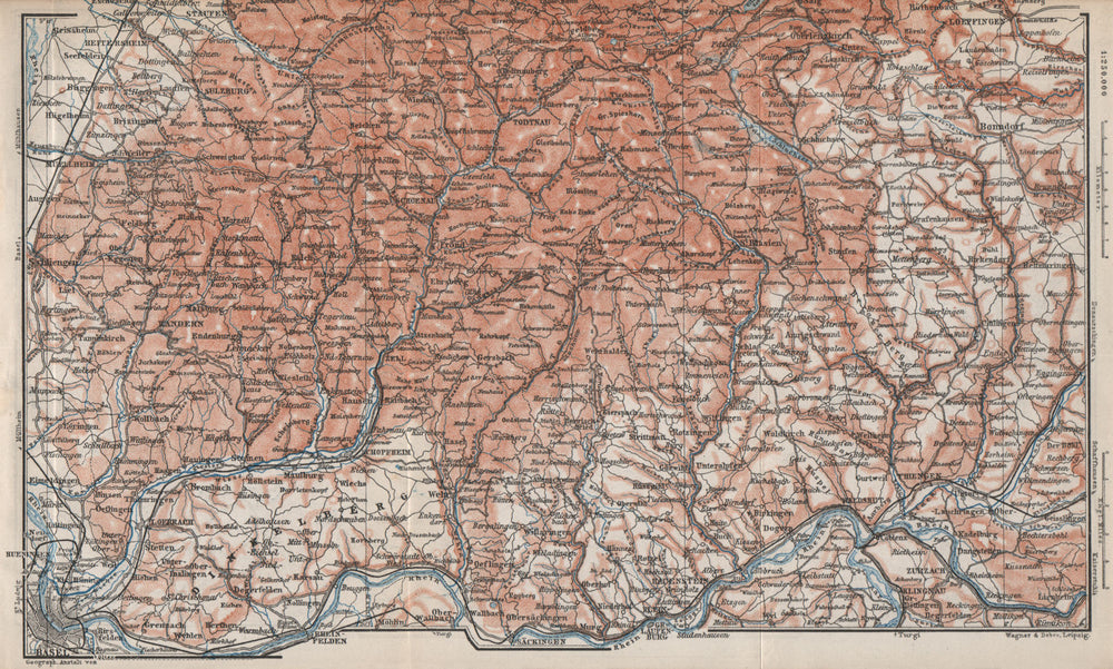 SÜDSCHWARDWALD. BLACK FOREST SOUTHERN VALLEYS. Basel Lörrach Schopfheim 1889 map