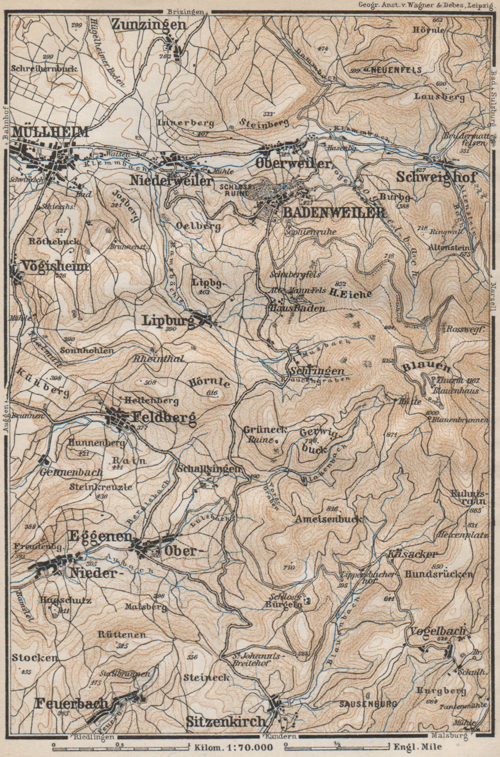 BADENWEILER environs. Müllheim Markgräflerland Blauen Schwarzwald 1889 old map