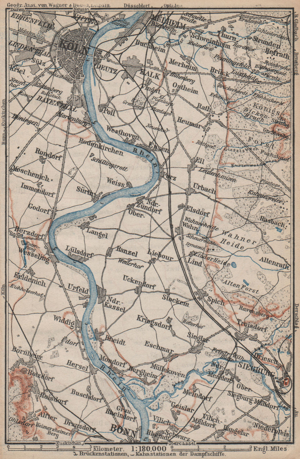 THE RHINE/RHEIN from/von COLOGNE KÖLN to/nach BONN. Deutschland karte 1892 map