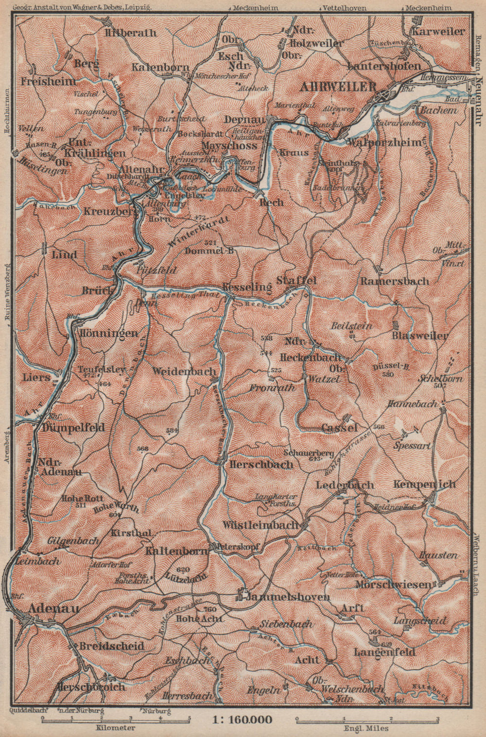 AHR & ADENAUER BACH VALLEYS. Ahrweiler Altenahr topo-map. Germany 1892 old