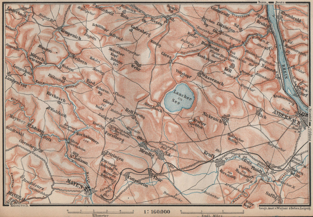 LAACHER SEE. Vulkaneifel topo-map Andernach Mayen Rhineland-Palatinate 1892