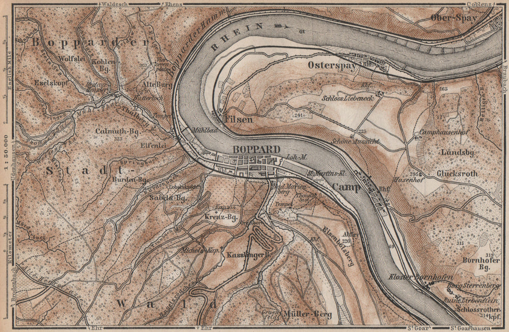 BOPPARD & OSTERSPAI. Filsen. Oberes Mittelrheintal. Rhine Gorge karte 1892 map