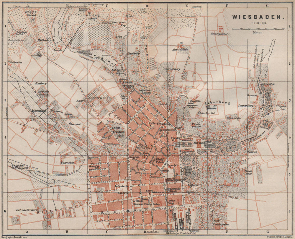 WIESBADEN antique town city stadtplan. Hessen karte. BAEDEKER 1892 old map