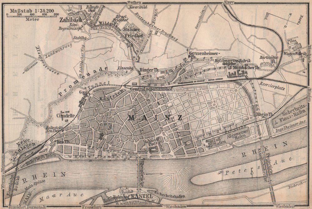 MAINZ environs umgebung. Mayence. Rhineland-Palatinate.Deutschland 1892 map