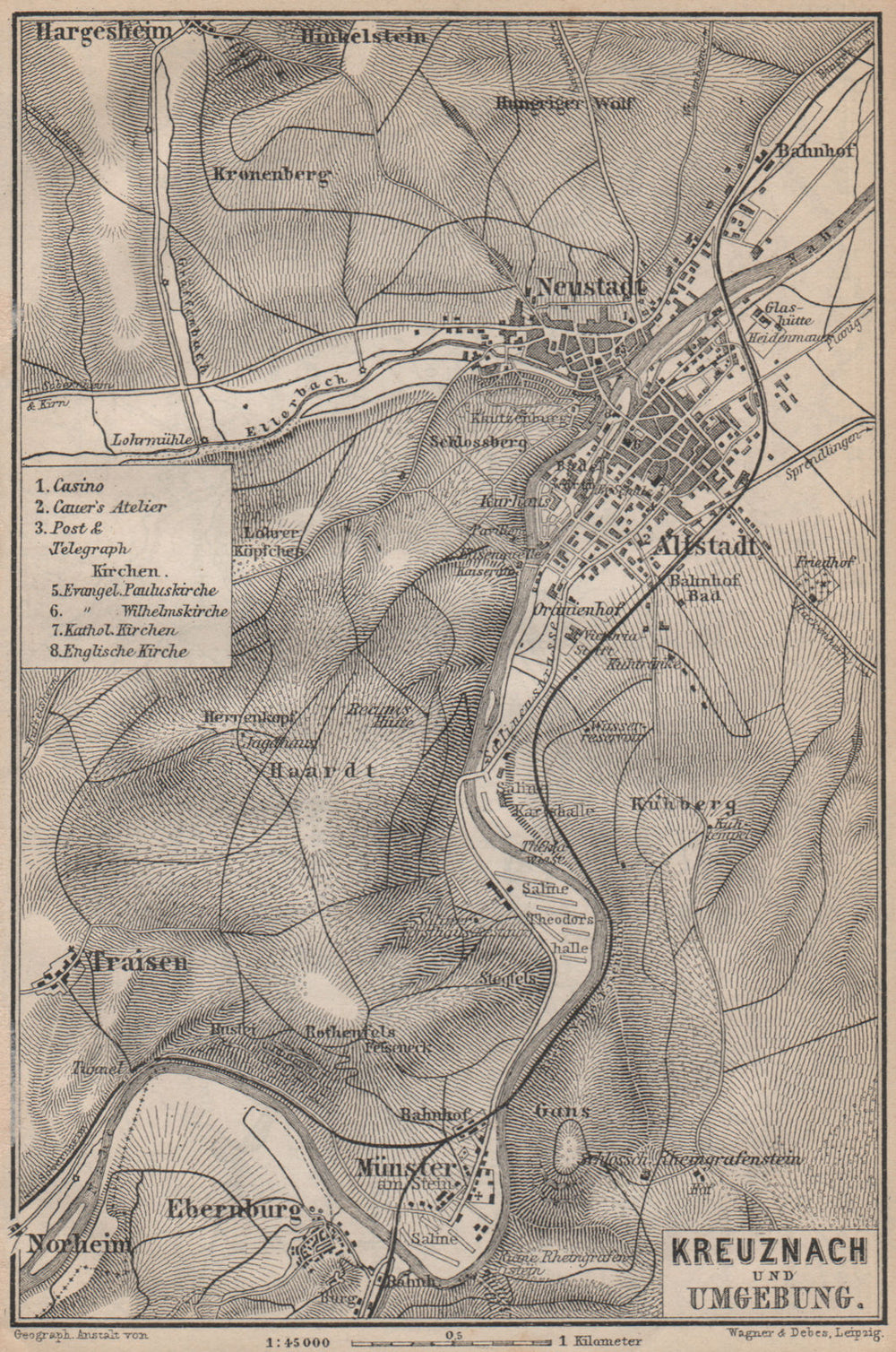 BAD KREUZNACH und umgebung/environs. Rhineland-Palatinate karte 1892 old map