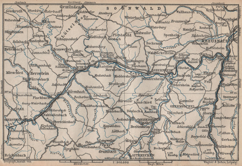 NAHETAL. Idar-Oberstein Kirn Monzingen Rüdesheim Kreuznach Sobernheim 1892 map
