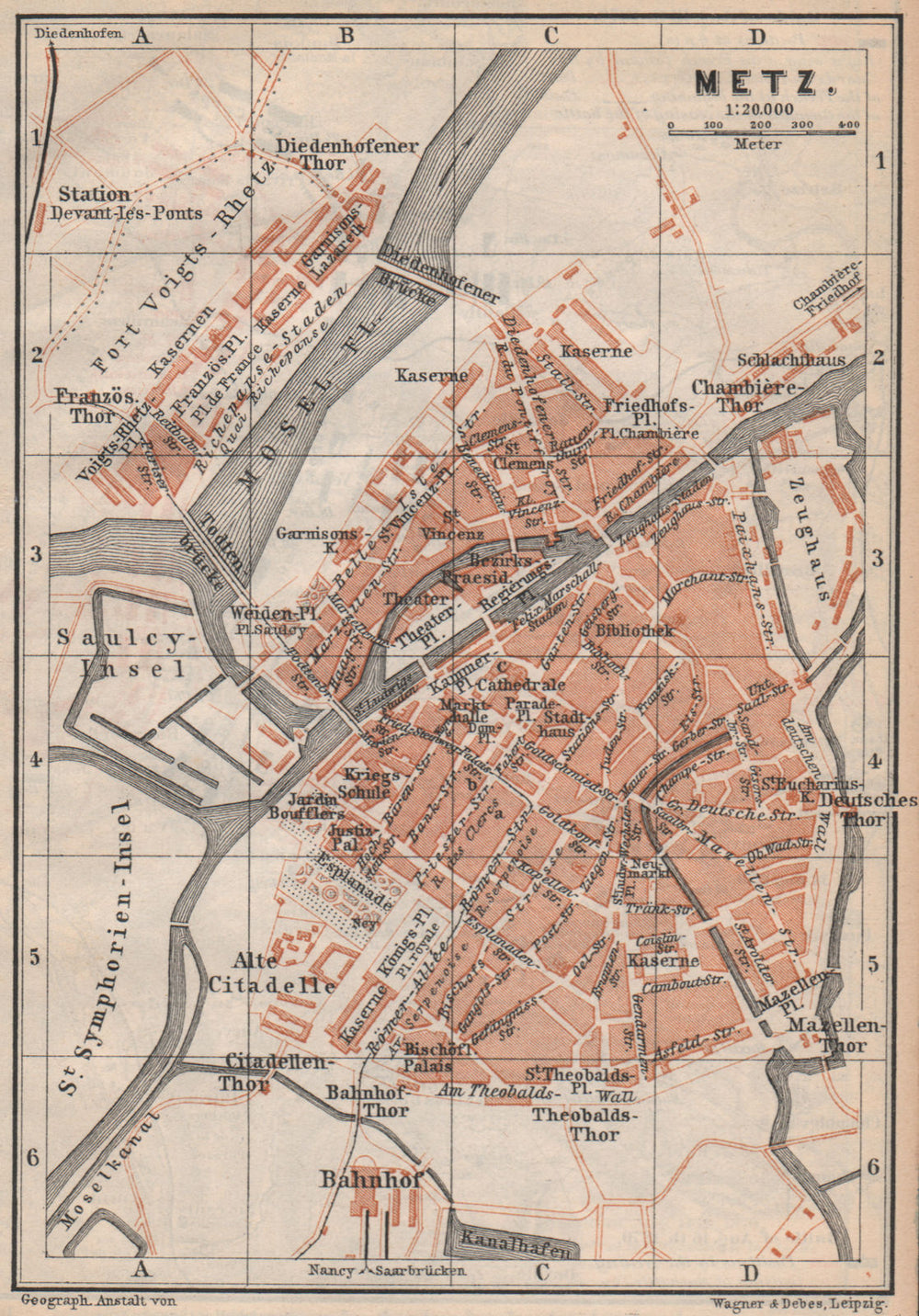 METZ antique town city stadtplan. Moselle carte. BAEDEKER 1892 old map