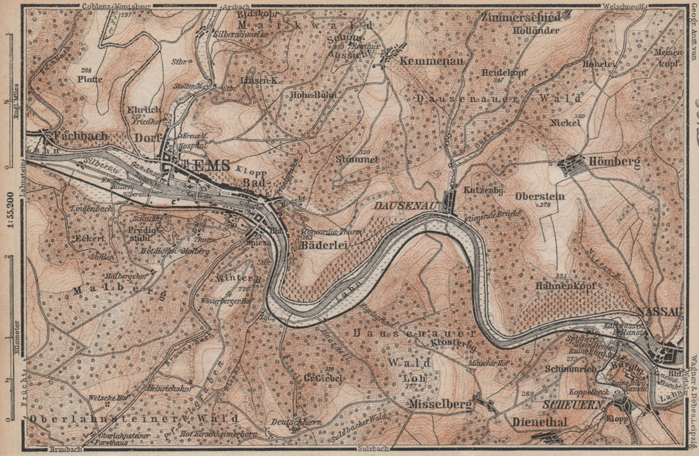 BAD EMS & NASSAU environs. Dausenau Lahn. Deutschland karte. BAEDEKER 1892 map