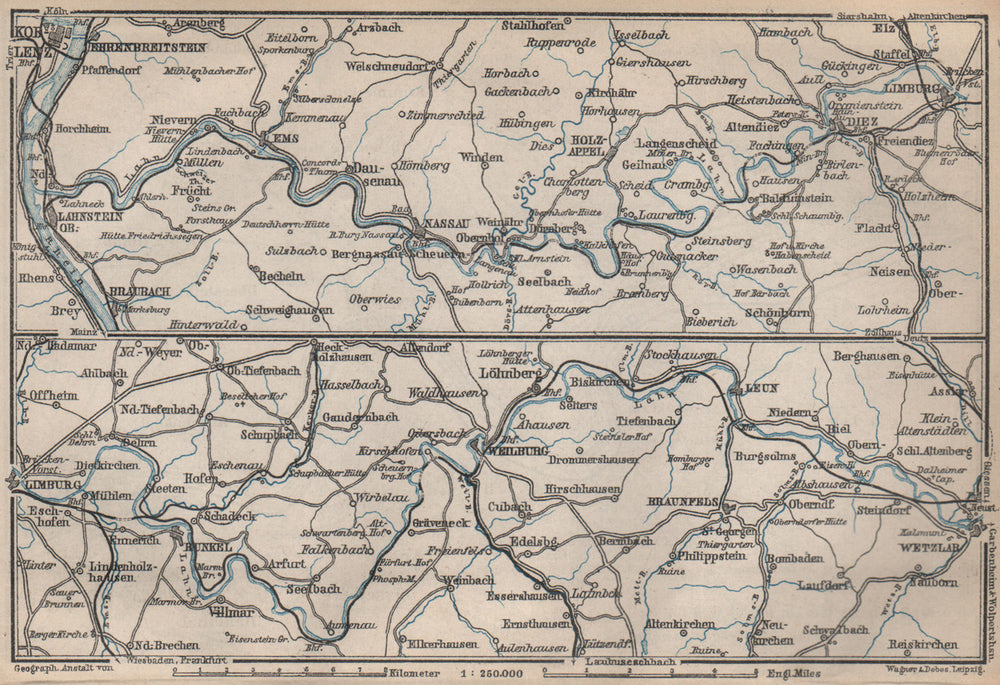 LAHNTAL VALLEY. Lahnstein Koblenz Wetzlar Limburg Weilburg Bad Ems 1892 map