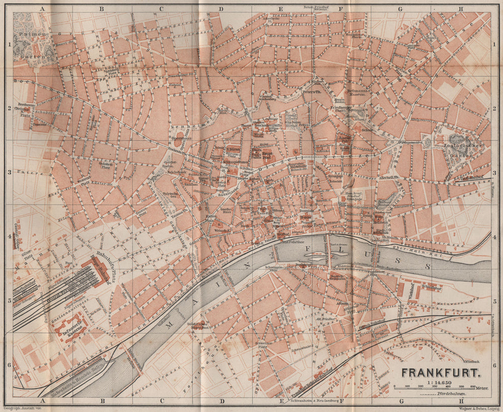 FRANKFURT AM MAIN antique town city stadtplan. Hessen karte. BAEDEKER 1892 map