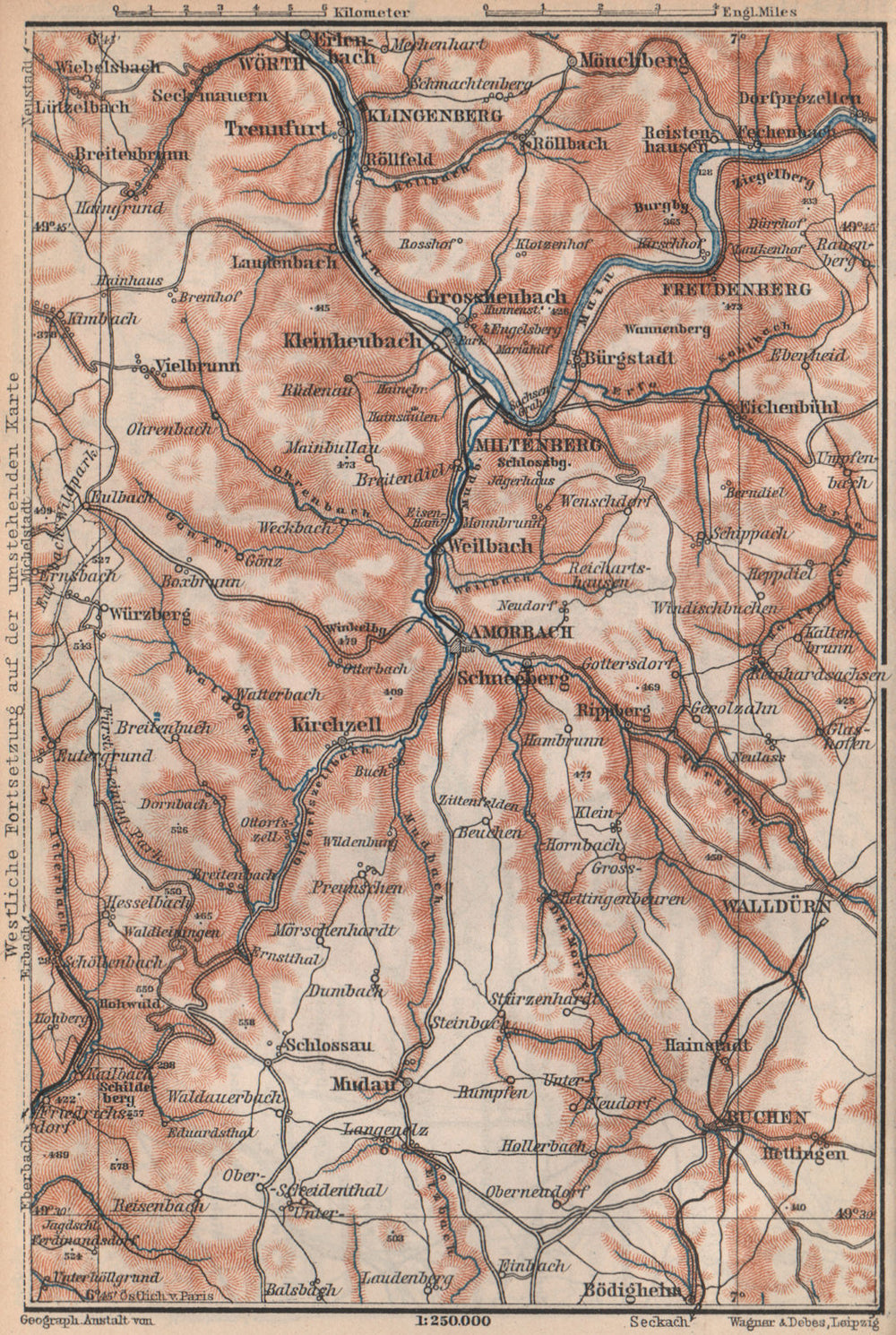ÖST/EAST ODENWALD topo-map. Miltenberg Walldürn Klingenburg. Germany 1892
