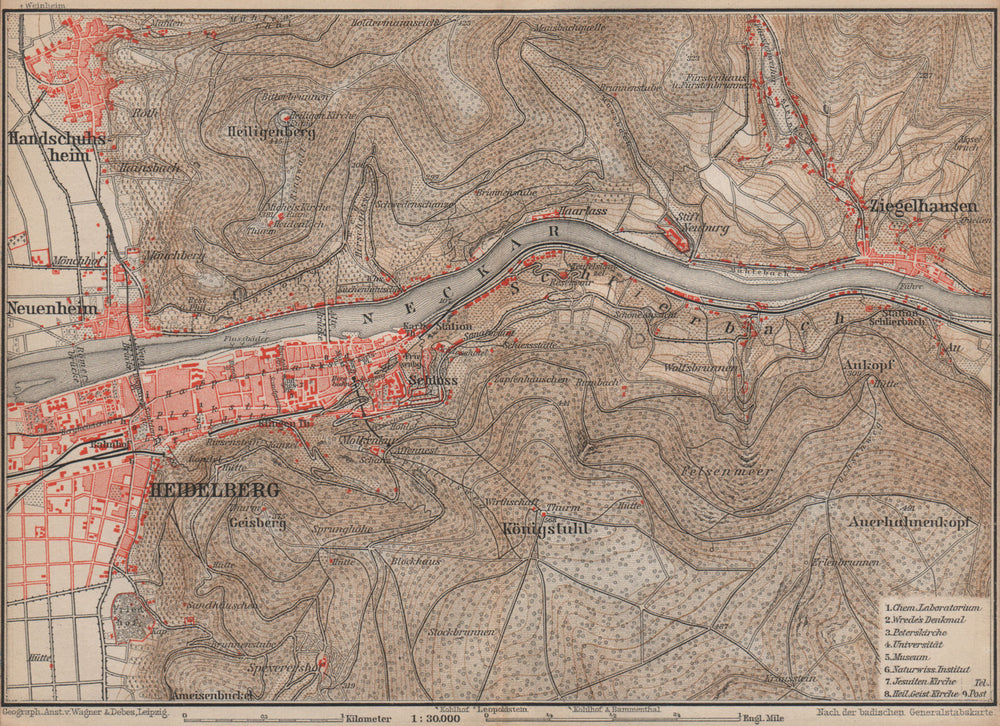 HEIDELBERG & environs ungebung. Ziegelhausen. Baden-Württemberg karte 1892 map