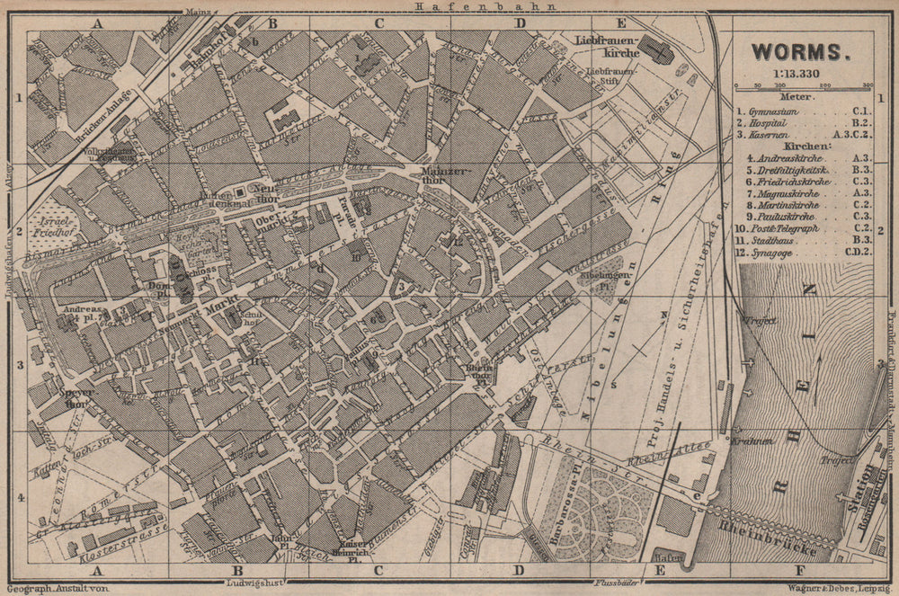 WORMS town city stadtplan. Rhineland-Palatinate, Deutschland karte 1892 map