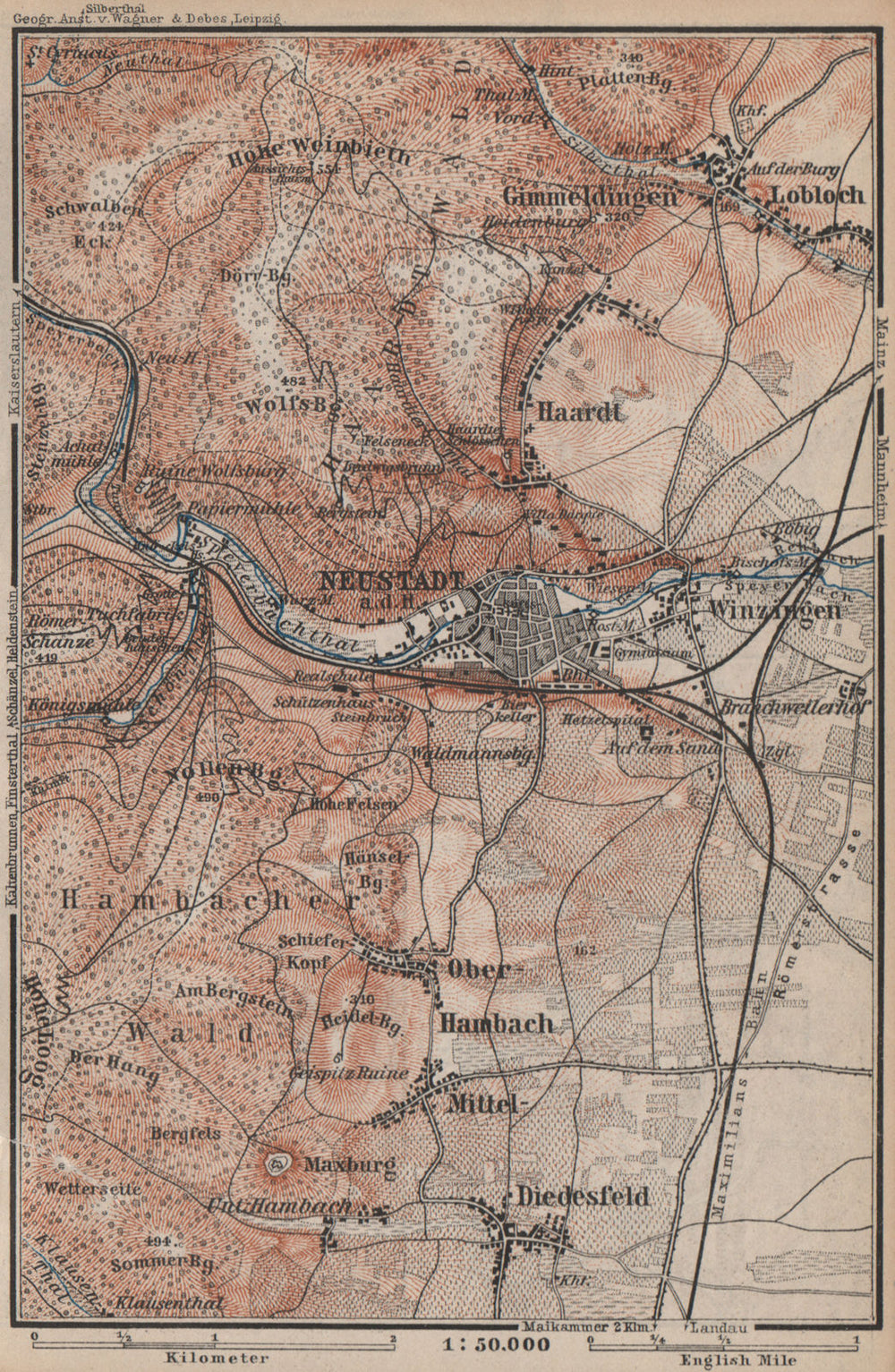 NEUSTADT AN DER WEINSTRAßE & WINZINGEN. Neustadt an der Haardt karte 1892 map