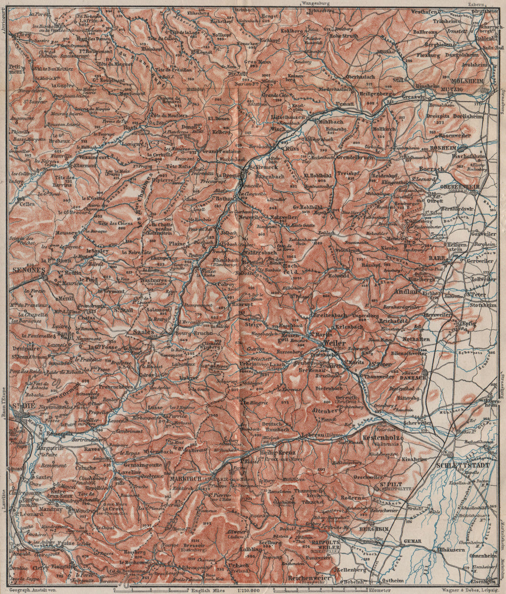 CENTRAL VOSGES MOUNTAINS. St Die Schlettstadt Molsheim carte. BAEDEKER 1892 map