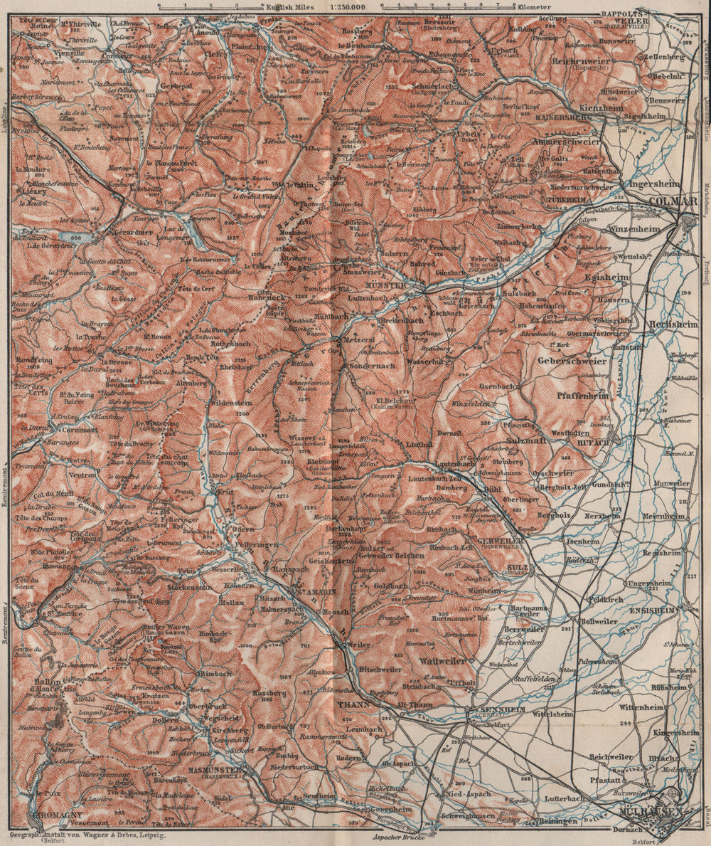 SOUTHERN VOSGES MOUNTAINS. Colmar Mulhouse. Haut-Rhin carte. BAEDEKER 1892 map