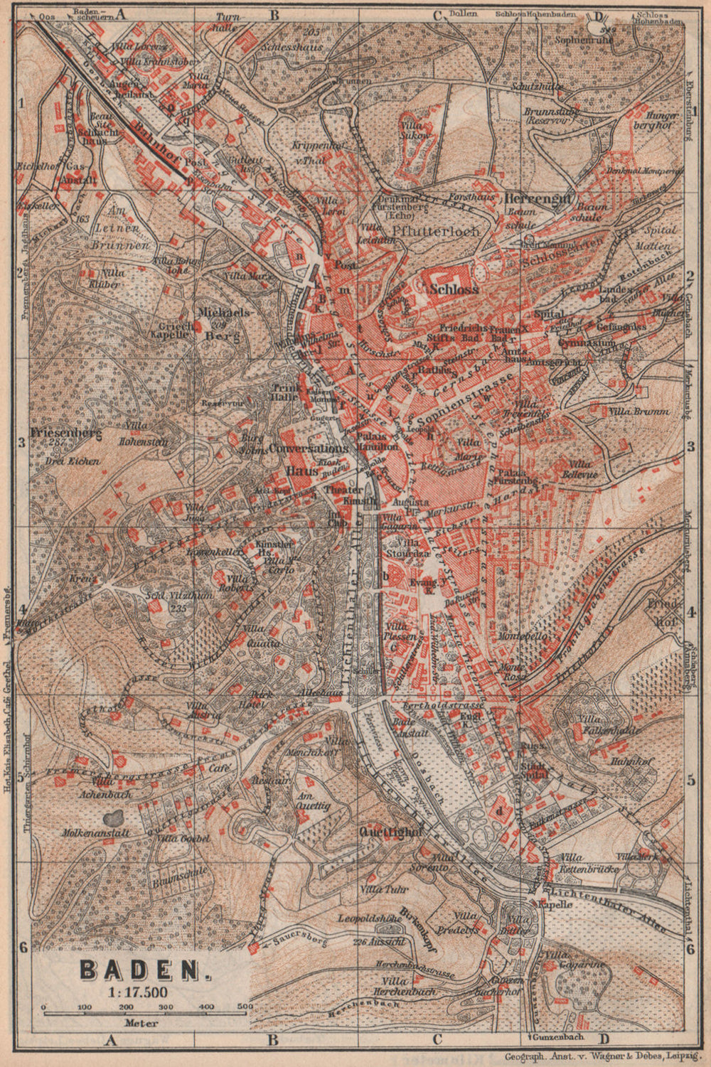 BADEN-BADEN town city stadtplan & environs/umgebung. Germany karte 1892 map