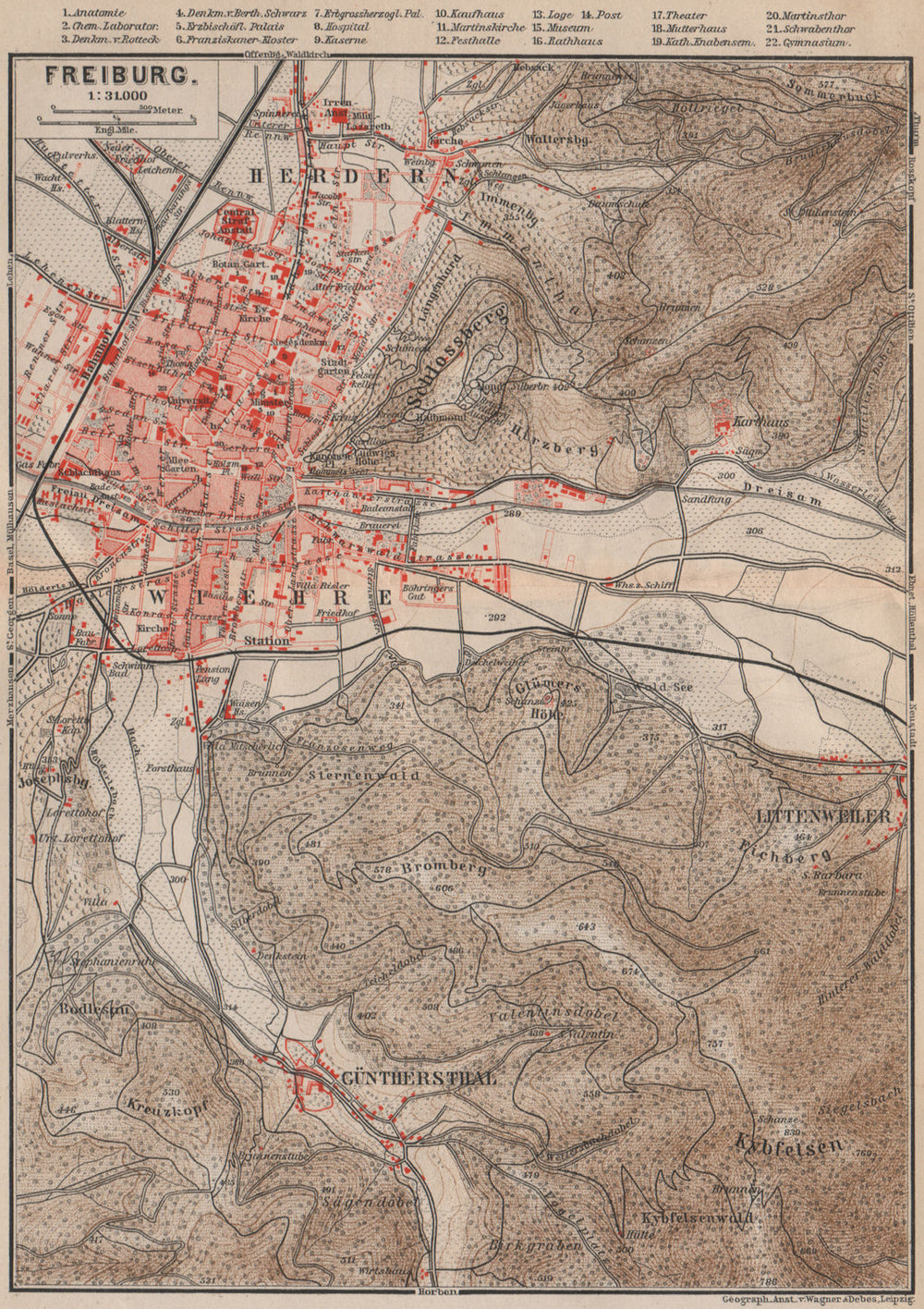 FREIBURG town city stadtplan & umgebung. Gunterstal. Baden-Württemberg 1892 map