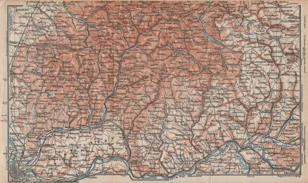 SÜDSCHWARDWALD. BLACK FOREST SOUTHERN VALLEYS. Basel Lörrach Schopfheim 1892 map