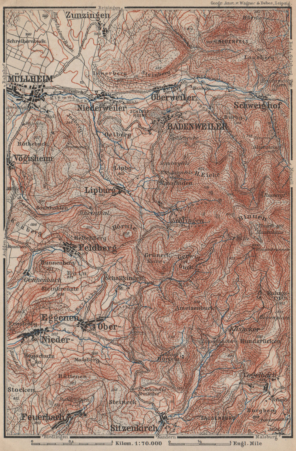 BADENWEILER environs. Müllheim Markgräflerland Blauen Schwarzwald 1892 old map