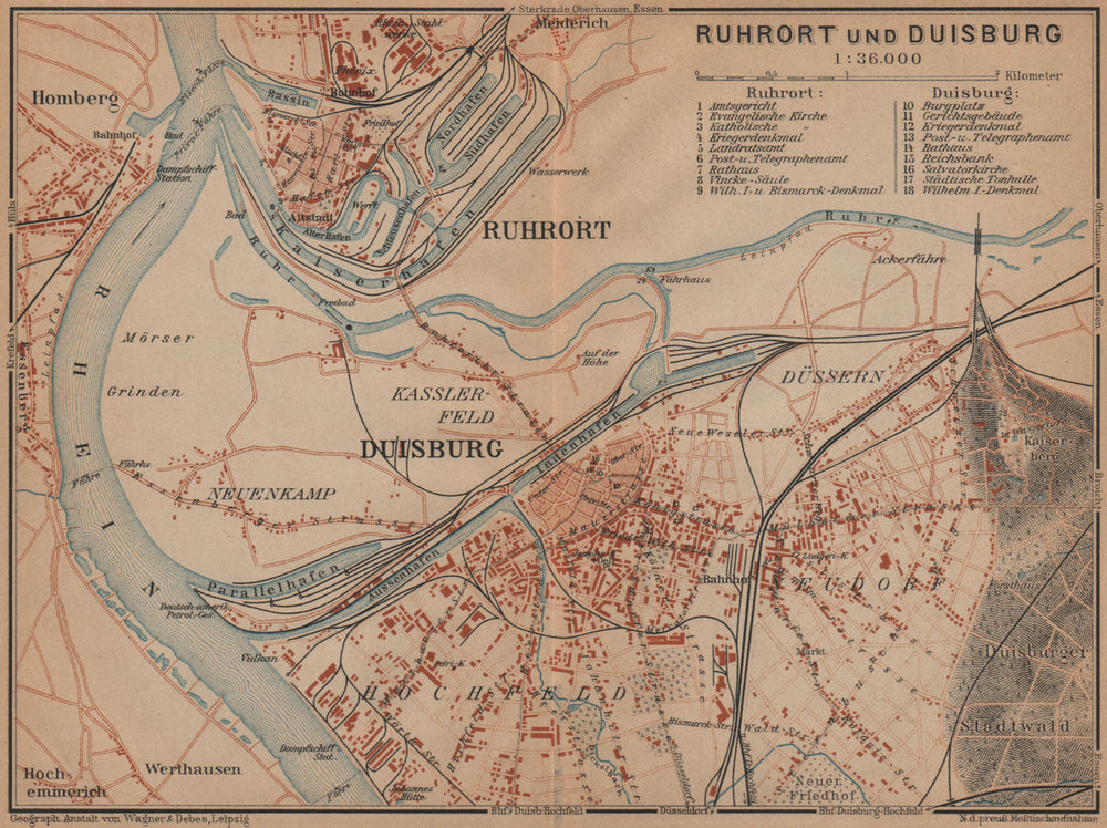 DUISBURG & RUHRORT town city stadtplan Northrhine-Westfalia Ruhrgebiet 1903 map
