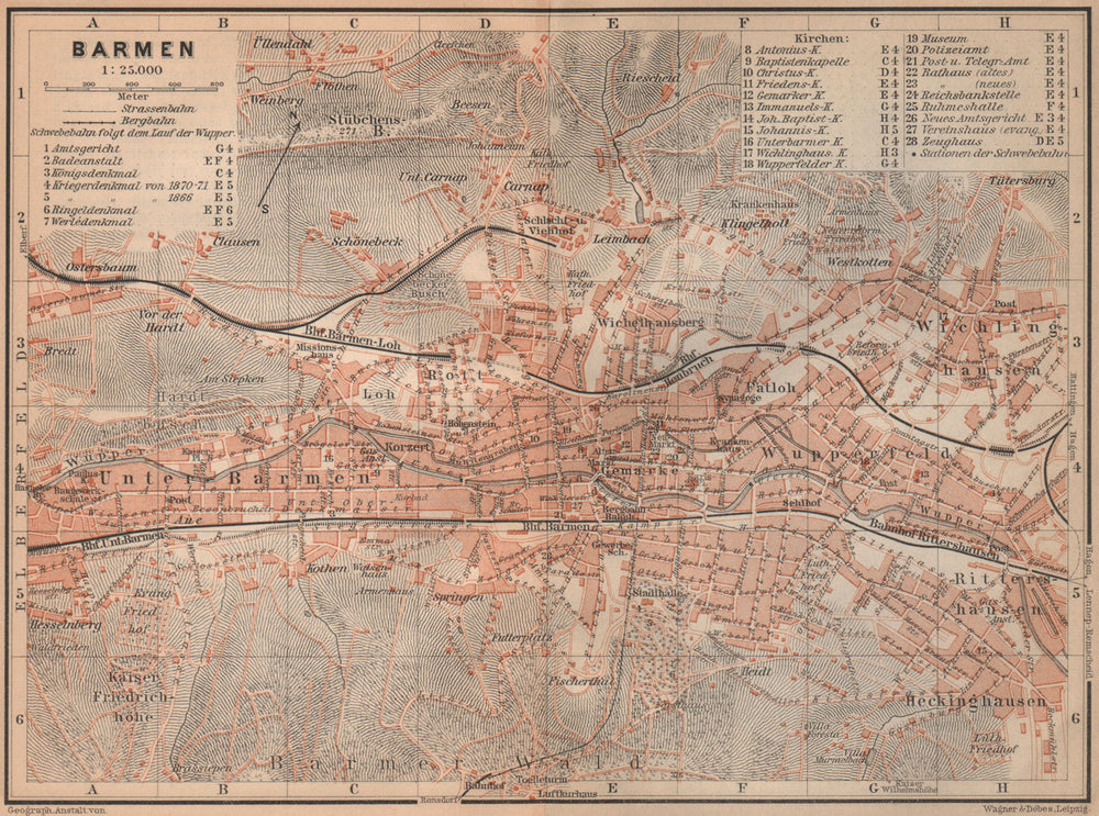 BARMEN / WUPPERTAL antique town city stadtplan. Germany karte 1903 old map