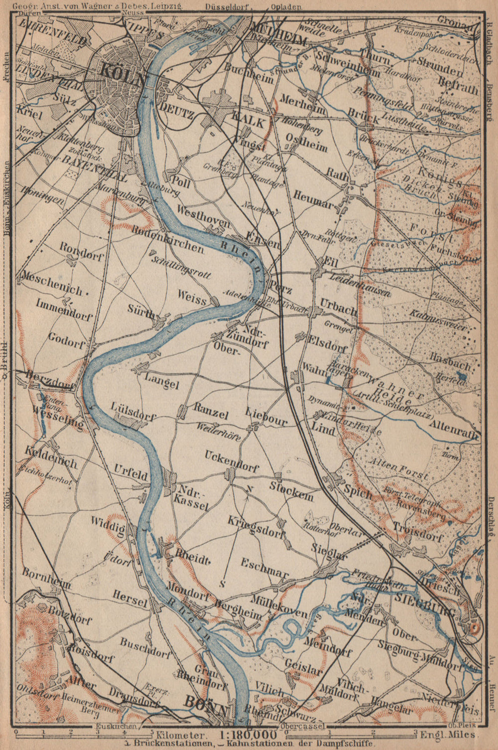 THE RHINE/RHEIN from/von COLOGNE KÖLN to/nach BONN. Deutschland karte 1903 map