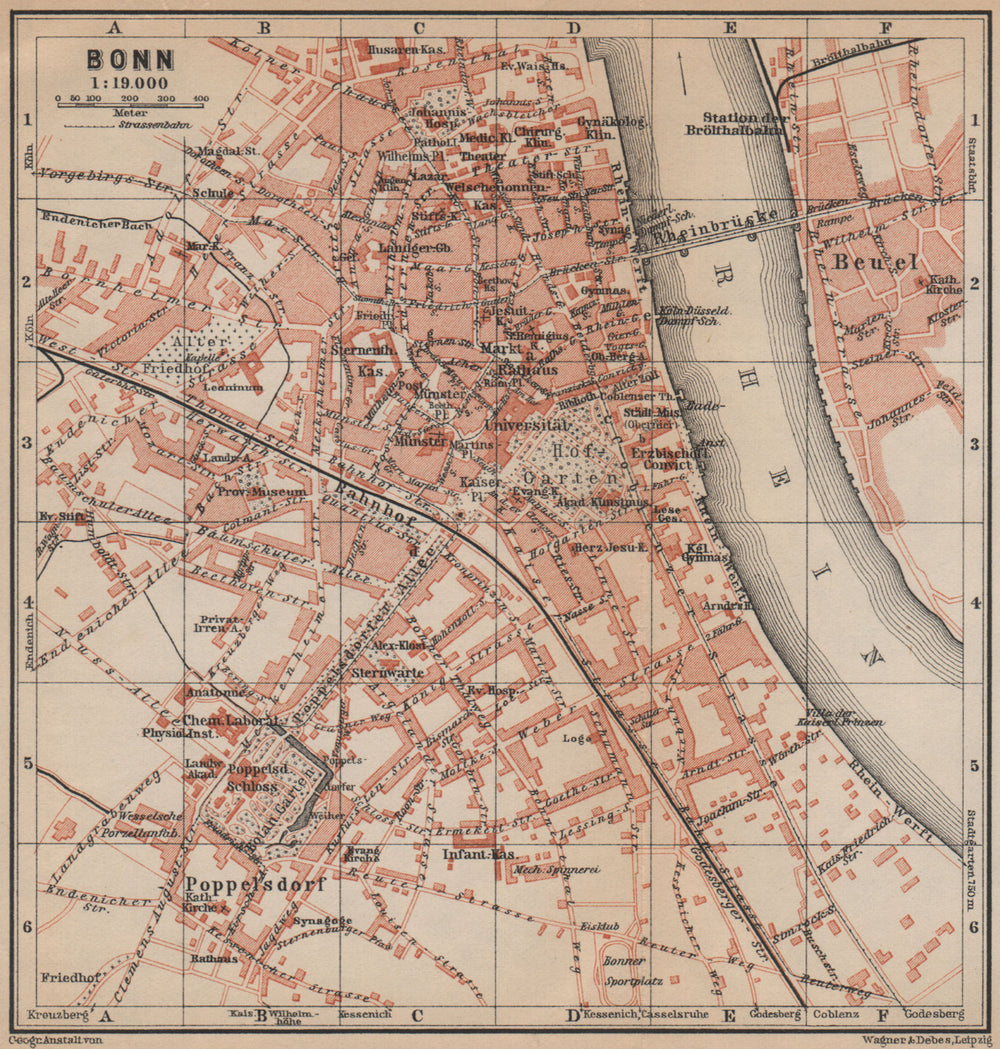 BONN antique town city stadtplan. Northrhine-Westfalia karte. BAEDEKER 1903 map
