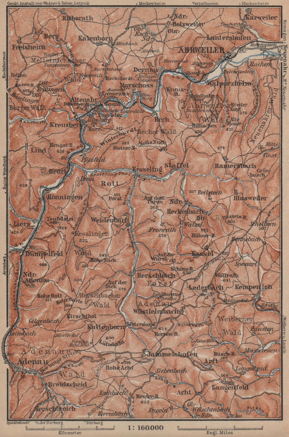 AHR & ADENAUER BACH VALLEYS. Ahrweiler Altenahr topo-map. Germany 1903 old