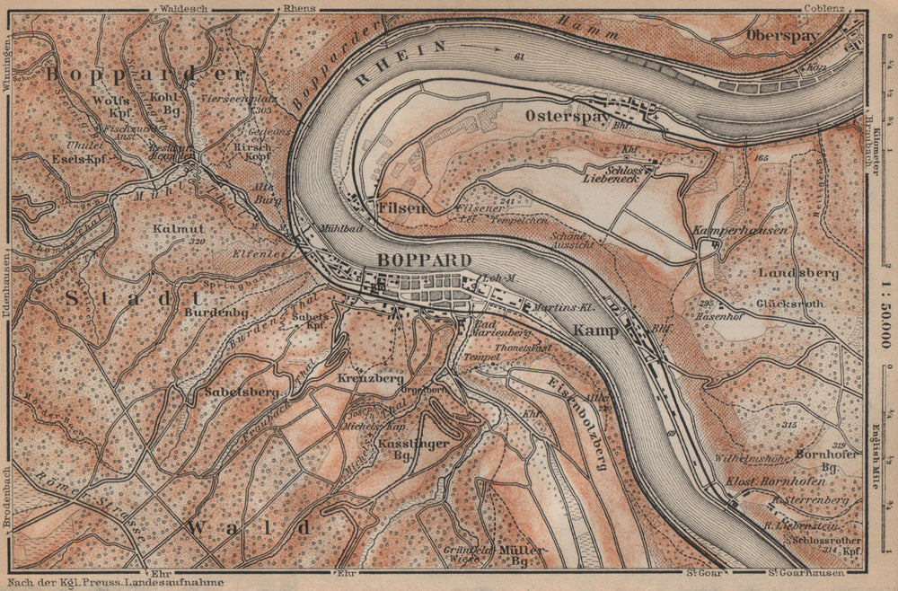 BOPPARD & OSTERSPAI. Filsen. Oberes Mittelrheintal. Rhine Gorge karte 1903 map