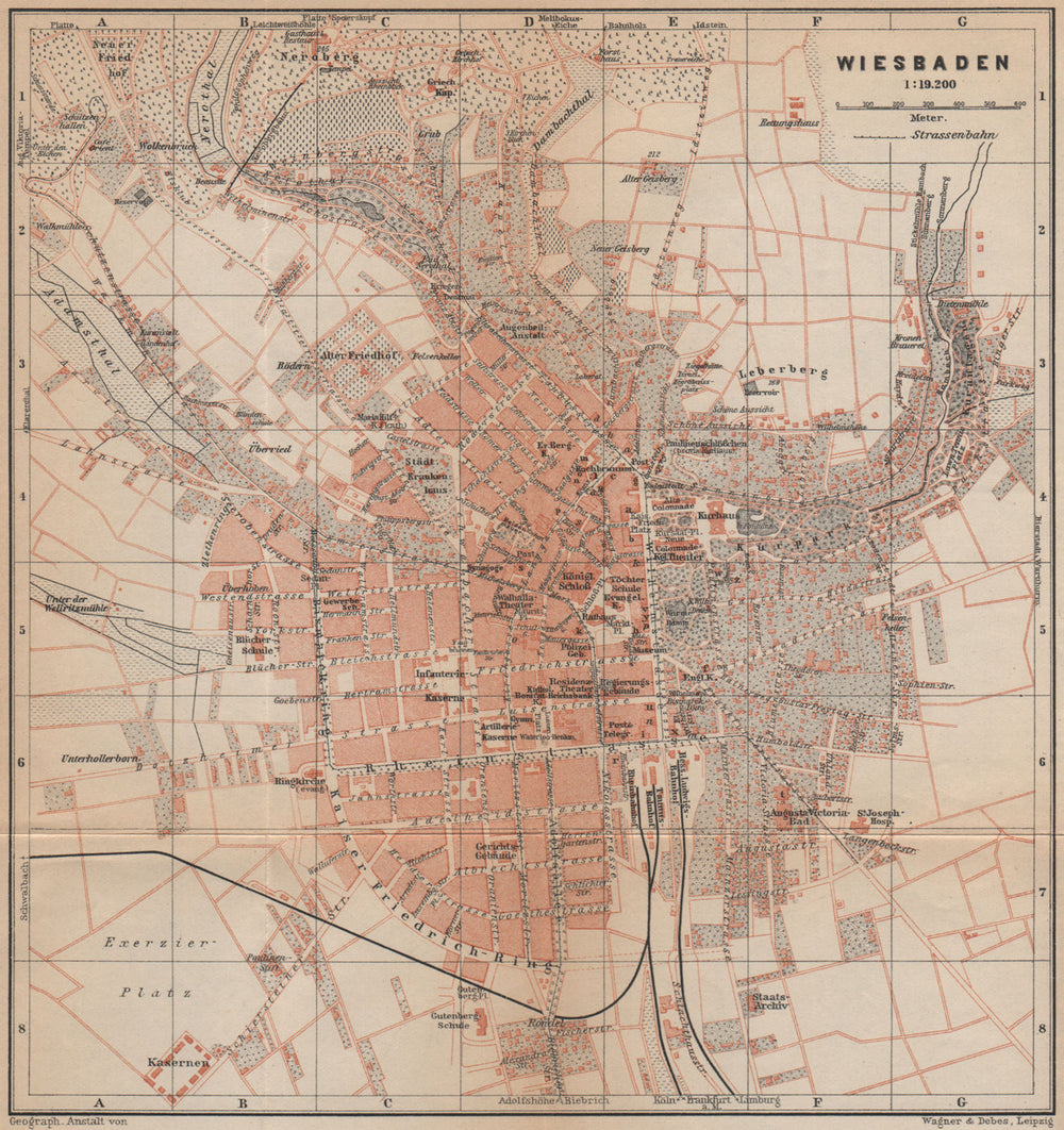 WIESBADEN antique town city stadtplan. Hessen karte. BAEDEKER 1903 old map