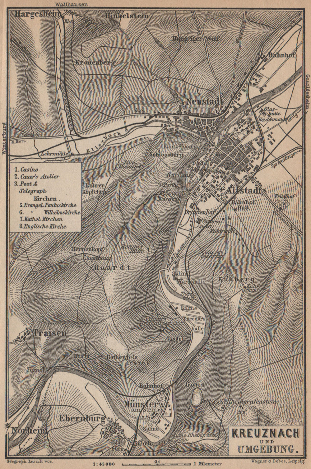 BAD KREUZNACH und umgebung/environs. Rhineland-Palatinate karte 1903 old map