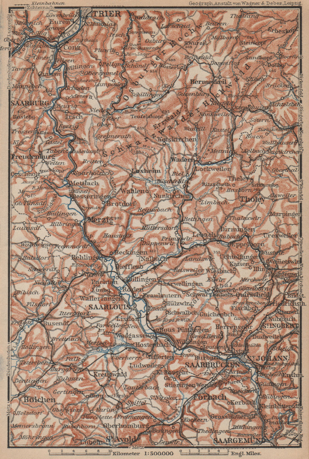 SAAR SARRE RIVER VALLEY. Trier Saarbruckem Saarlouis Saarburg karte 1903 map