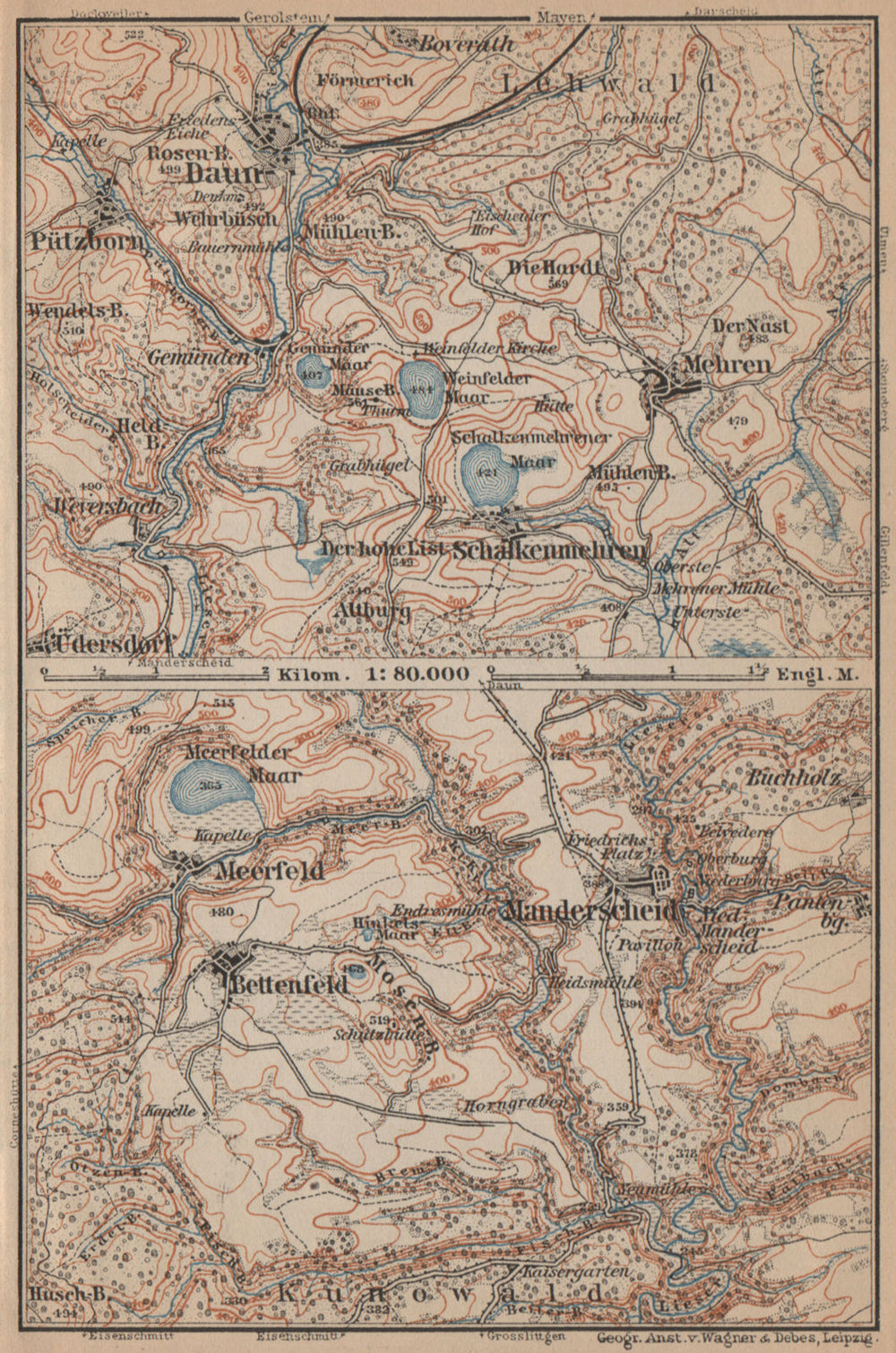 DAUNER & MEERFELDER MAARE. Manderscheid Malberg Schalkenmehren karte 1903 map