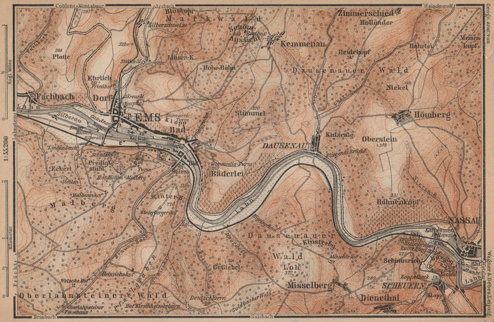 BAD EMS & NASSAU environs. Dausenau Lahn. Deutschland karte. BAEDEKER 1903 map