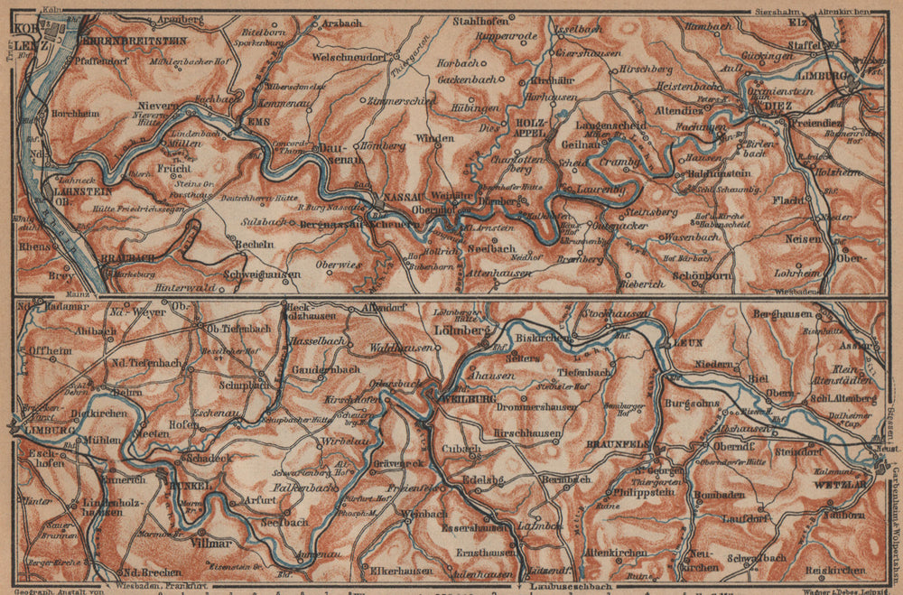 LAHNTAL VALLEY. Lahnstein Koblenz Wetzlar Limburg Weilburg Bad Ems 1903 map