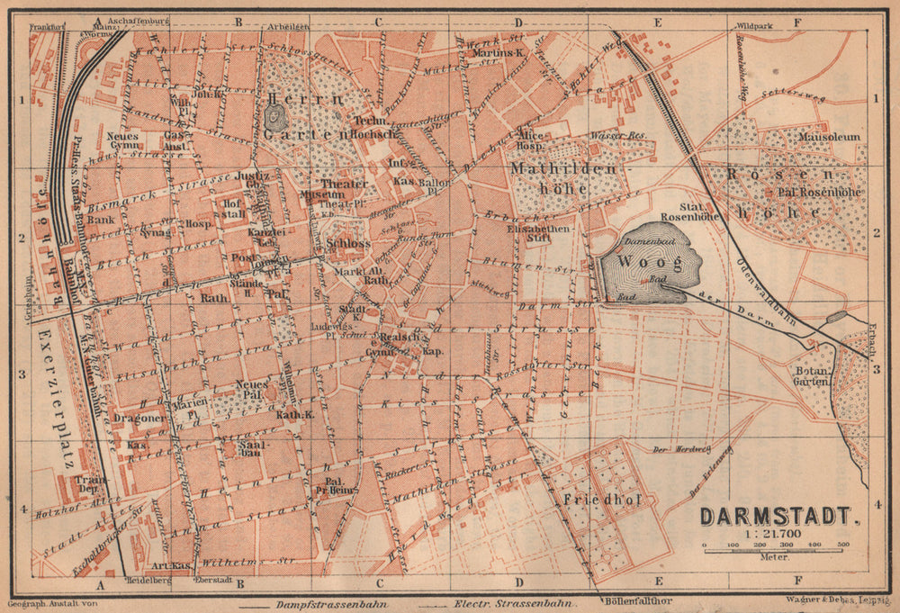 DARMSTADT antique town city stadtplan. Hessen karte. BAEDEKER 1903 old map
