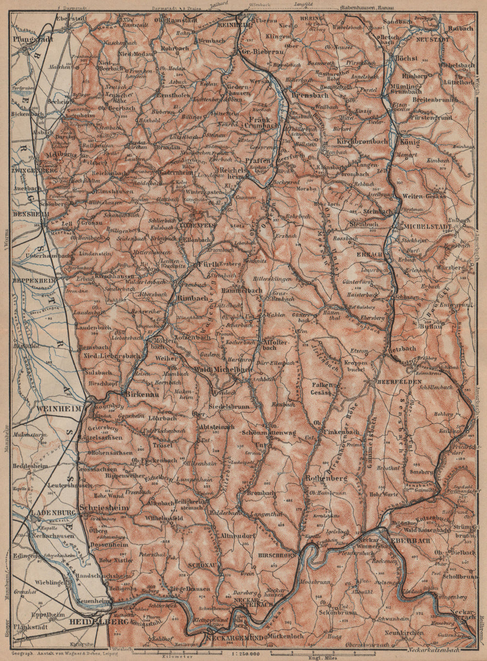 WEST ODENWALD topo-map. Heidelberg Weinheim Eberbach Zwingenberg karte 1903