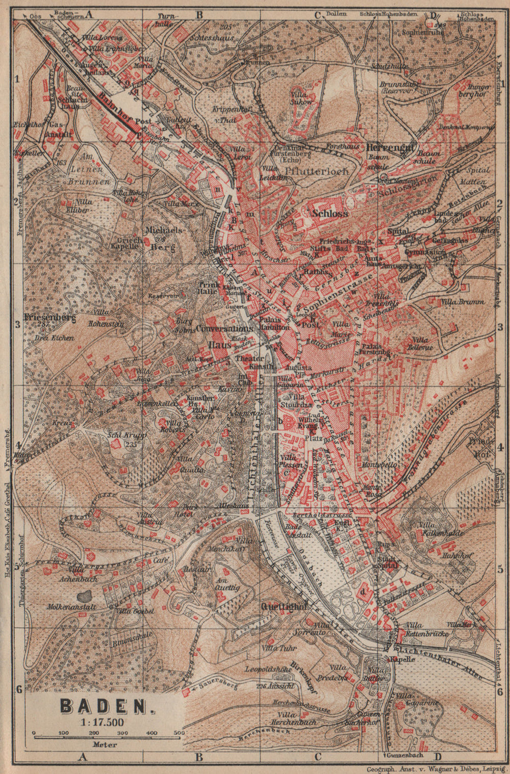 BADEN-BADEN town city stadtplan & environs/umgebung. Germany karte 1903 map
