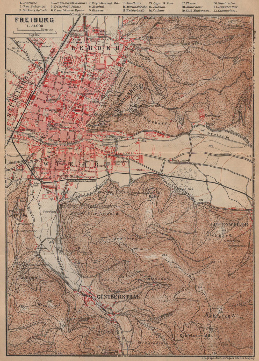 FREIBURG town city stadtplan & umgebung. Gunterstal. Baden-Württemberg 1903 map