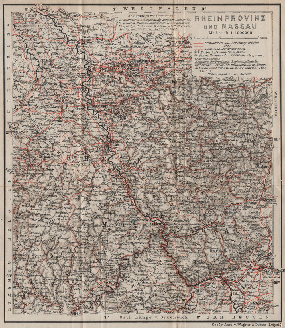 RHEINPROVINZ & NASSAU. Rheinland-Pfalz Nordrhein-Westfalen Hessen Ruhr 1906 map