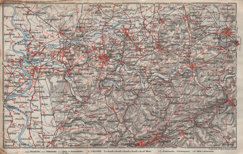 RUHRGEBIET Eisenbahnen RUHR VALLEY Duisburg Essen Bochum Herne Dortmund 1906 map