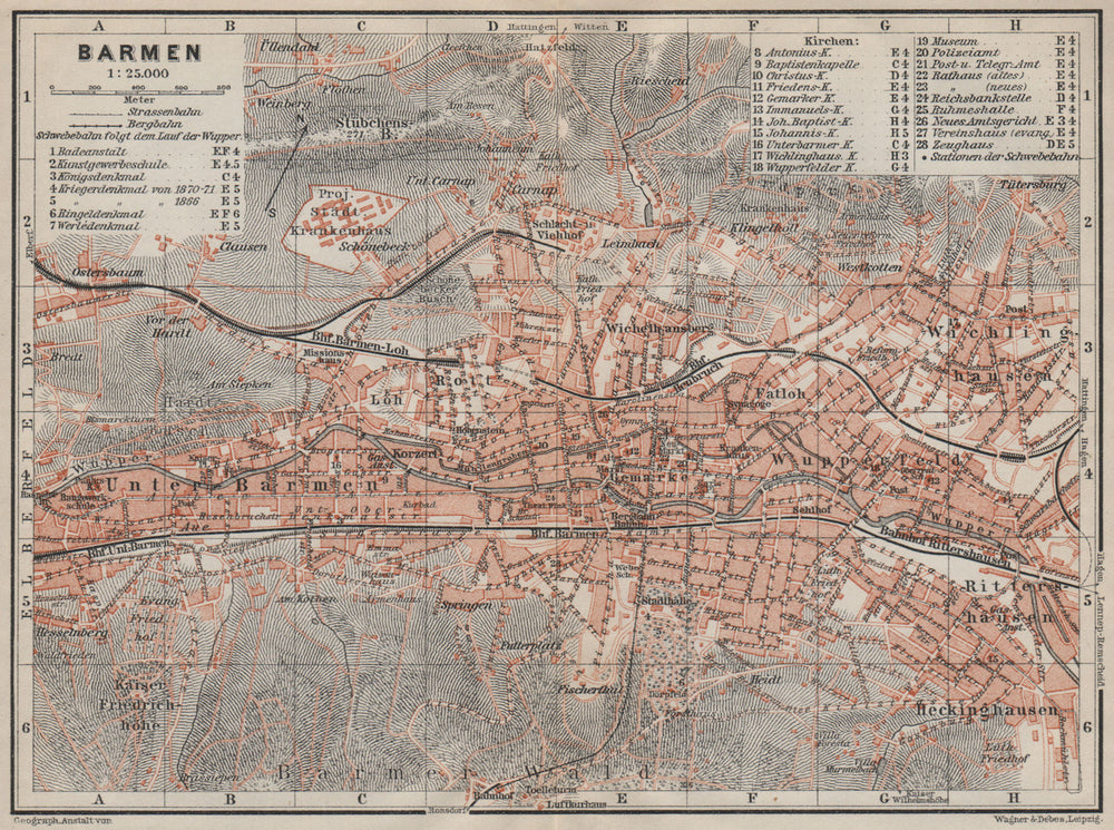 BARMEN / WUPPERTAL antique town city stadtplan. Germany karte 1906 old map