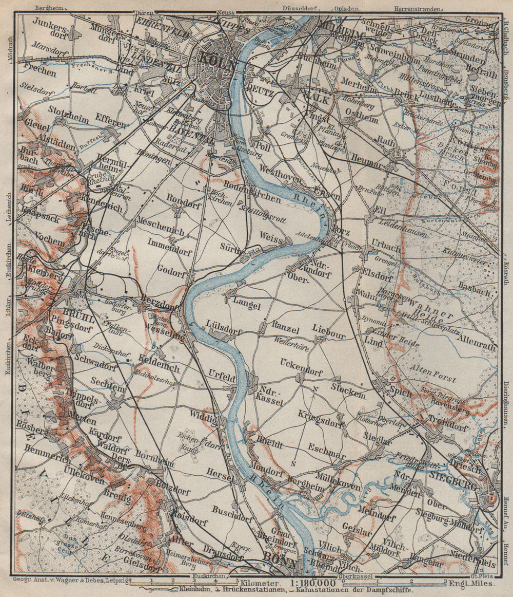 THE RHINE/RHEIN from/von COLOGNE KÖLN to/nach BONN. Deutschland karte 1906 map