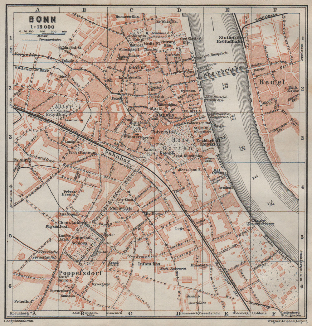 BONN antique town city stadtplan. Northrhine-Westfalia karte. BAEDEKER 1906 map