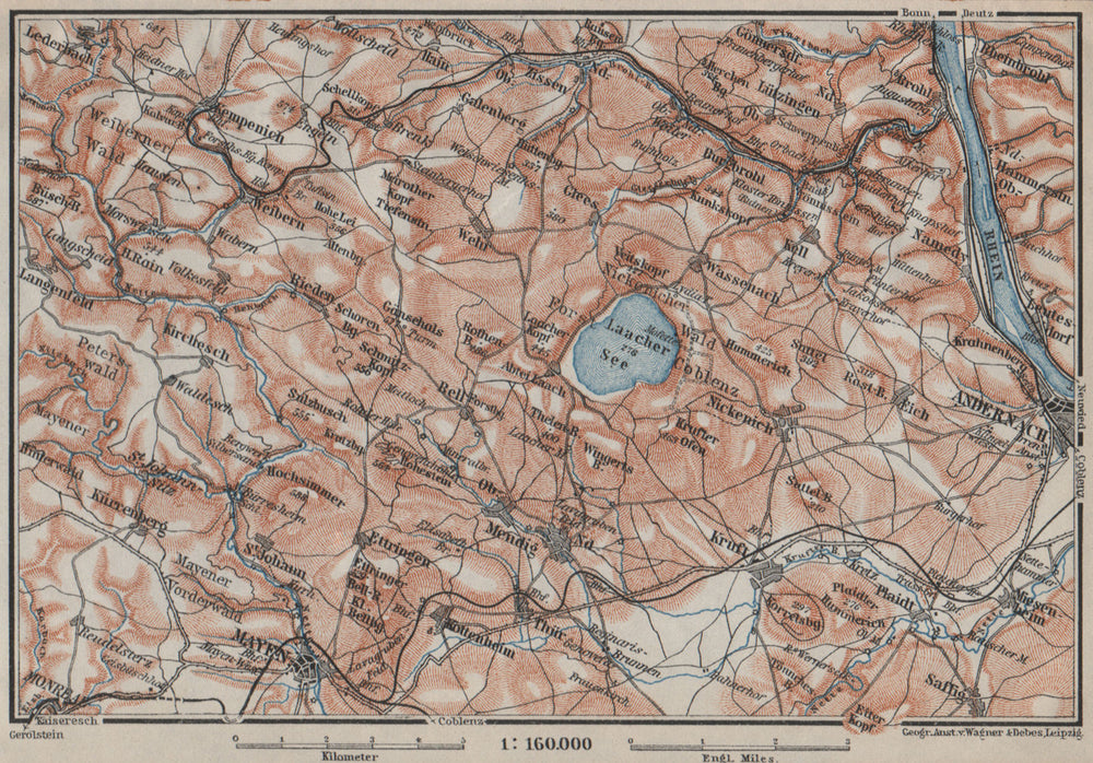 LAACHER SEE. Vulkaneifel topo-map Andernach Mayen Rhineland-Palatinate 1906